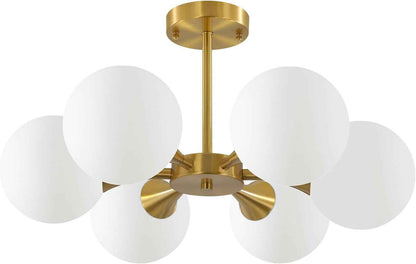 Éclairage Plafonnier Encastré Sputnik En or Brossé Mid Century Modern Éclairage De Plafond Suspendu À 6 Lumières Avec Globe En Verre Laiteux Luminaire De Plafond Semi-Encastré