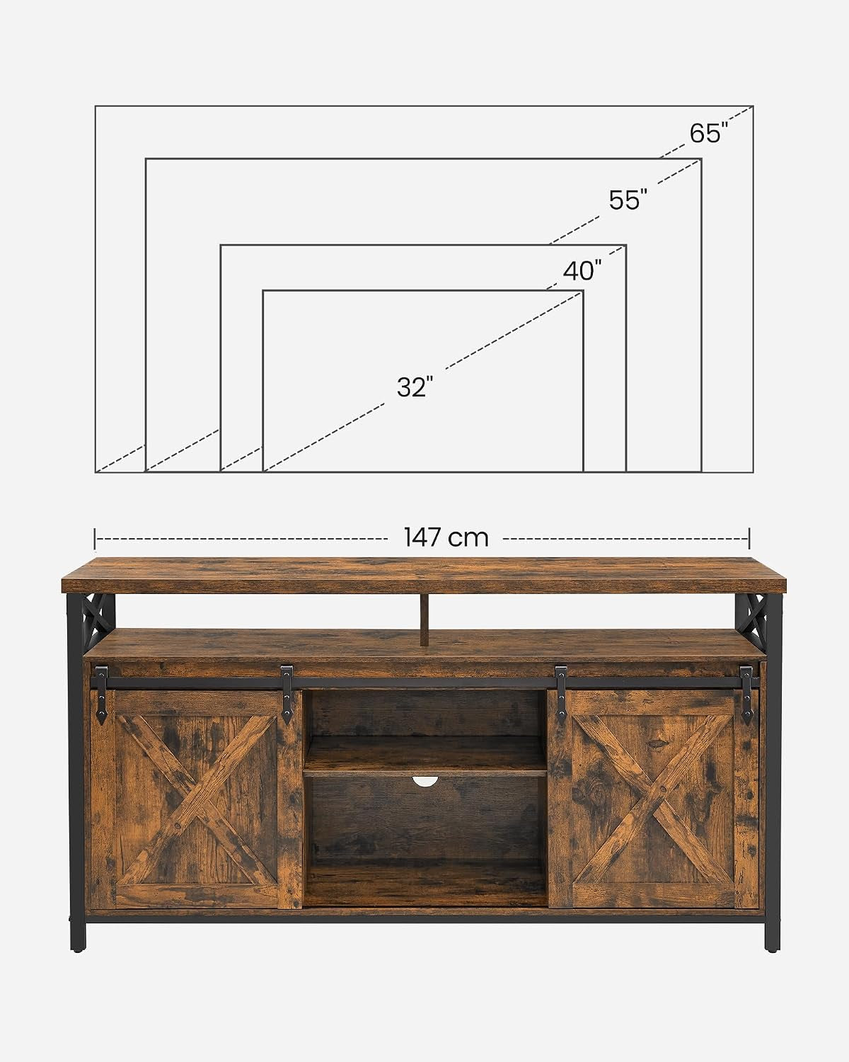 Meuble TV, Support Pour Téléviseur Jusqu’À 65 Pouces | Avec Étagères Réglables, Portes Imitation Grange, Cadre En Métal, Marron Rustique Et Noir Mat LTV071B01V1
