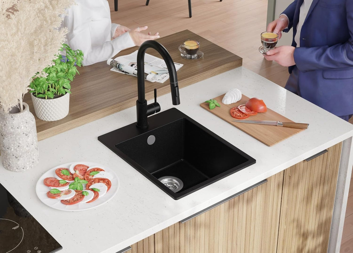 Evier Cuisine En Granit Noir - Riga, 38X50Cm | Lavabo 1 Bac + Kit De Vidage, Évier À Encastrer Au Meuble 40Cm (S035)