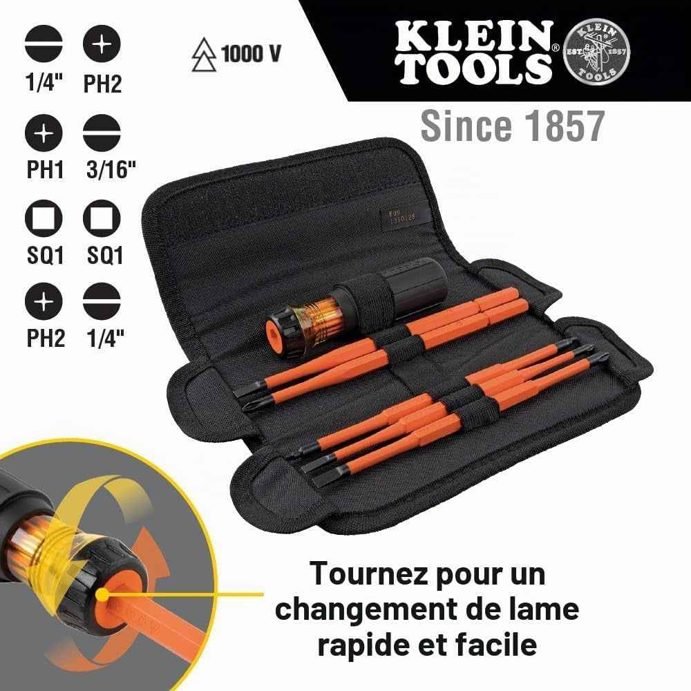 32288 Tournevis Isolé 8 En 1 Avec Lames Interchangeables, 3 Phillips, 3 Fentes Et 2 Pointes Carrées, Noir/Orange
