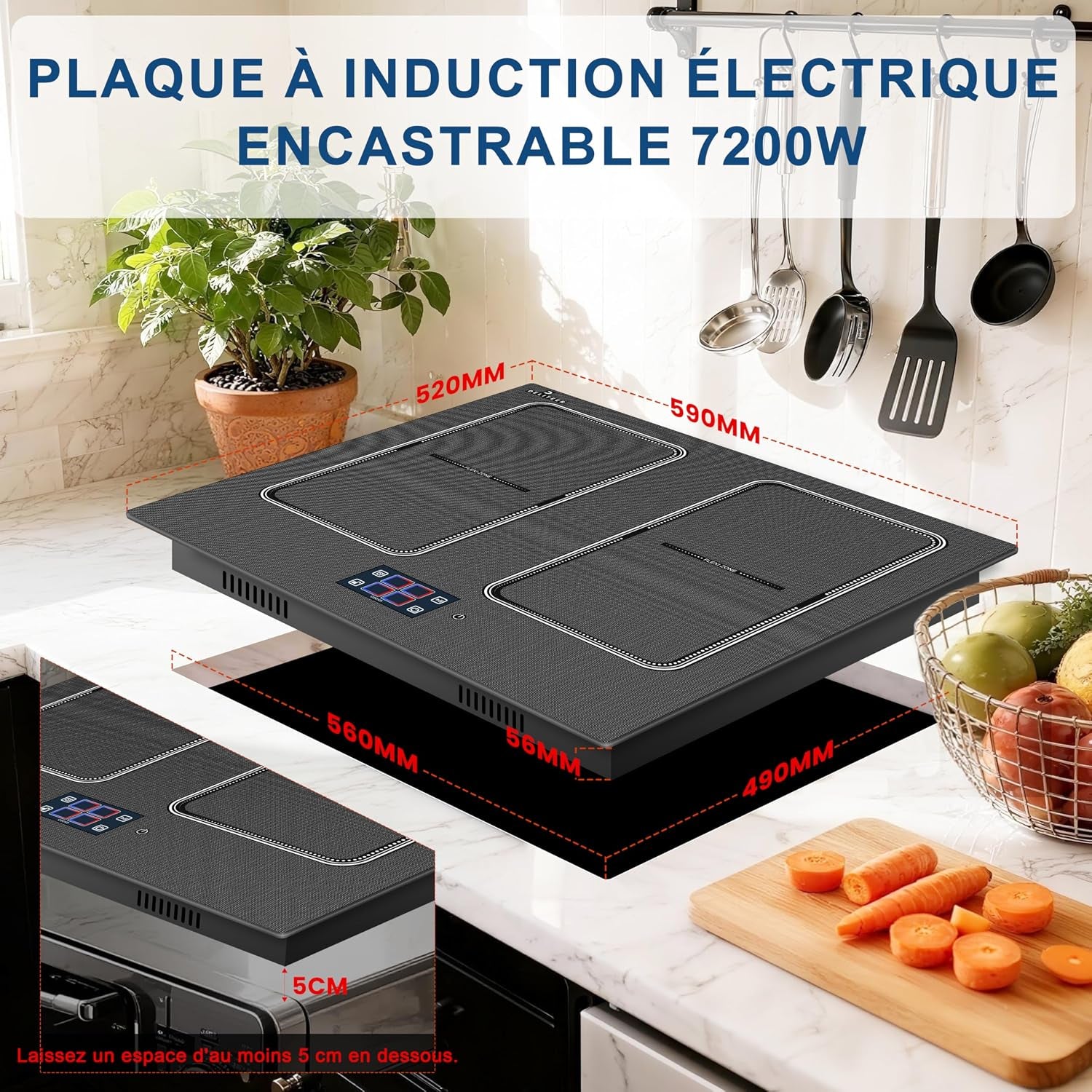 Plaque À Induction 4 Feux, Écran Tactile TFT, Table De Cuisson À Induction Encastrable 60CM, 2 Zones Flexibles, Fonctions Préréglées, Panneau De Commande Intelligent Monobloc, 7200W, 220V