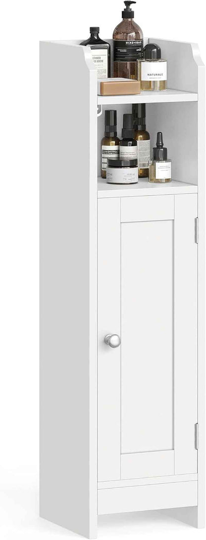 Meuble De Salle De Bain, Armoire D’Angle Avec Porte Et Étagères, Organisateur De Rangement, Meuble Étroit Pour Papier Toilette, Étagères Réglables, 20 X 18 X 80 Cm, Blanc Nuage BBC310W01