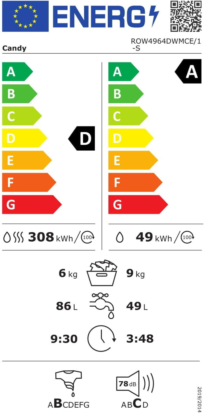 Rapidò ROW4964DWMCE/1-S Lave-Linge 9+6 Kg, 1400 Tours, Wi-Fi + BLE, Télécommande À Distance, Départ Retardé, Classe A, 60 X 58 X 85 Cm, Blanc