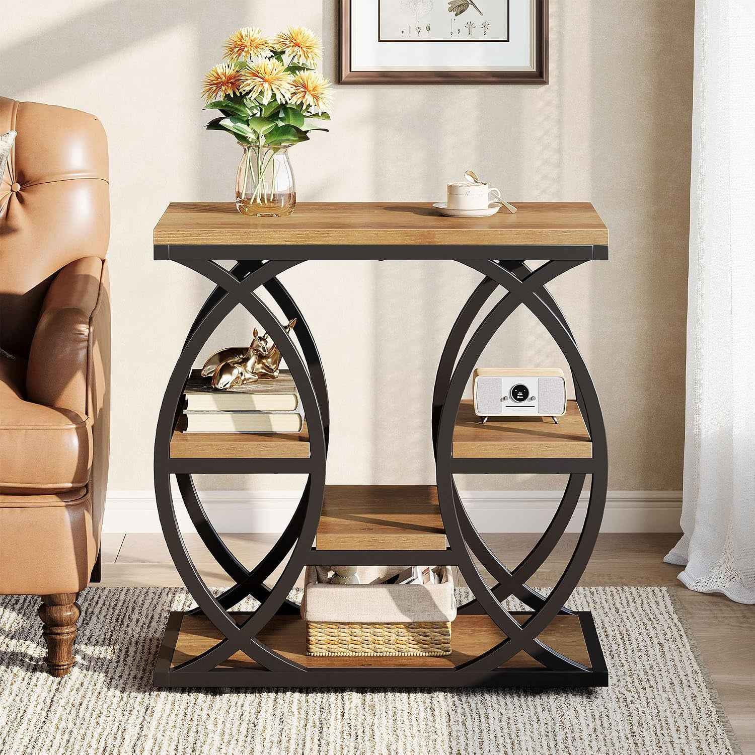 Table D'Appoint Avec 4 Étagères, Table De Chevet Étroite Avec Espace De Rangement, Table Basse Industrielle Pour Salon, Chambre À Coucher, Entrée, Marron Clair