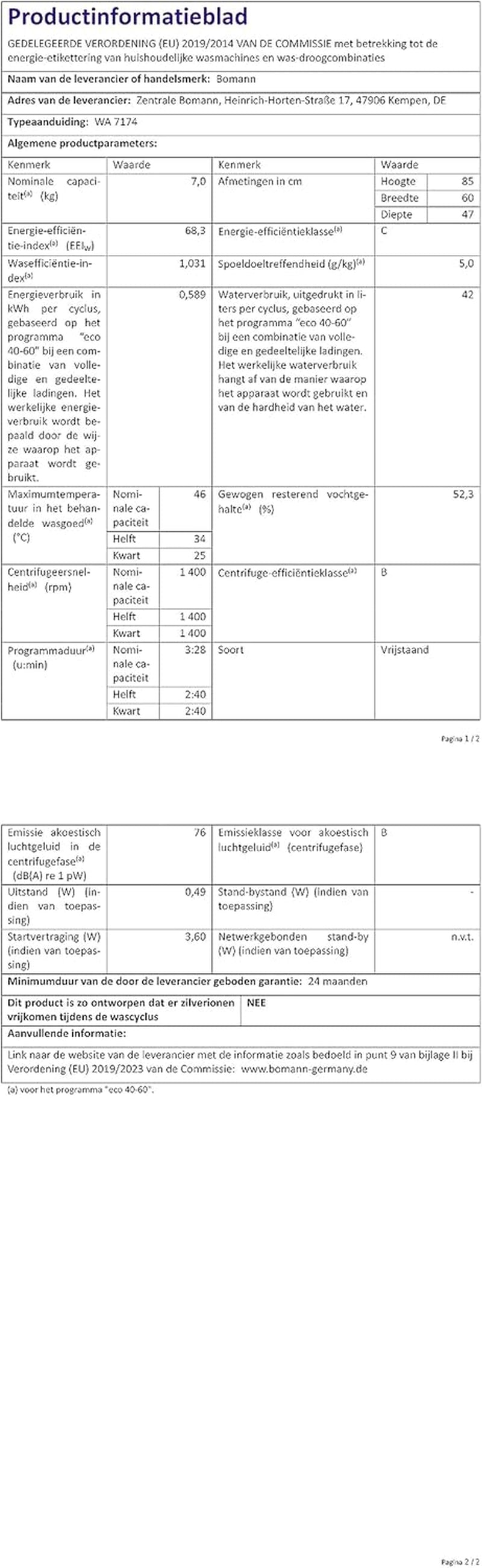 Bomann WA 7174 7Kg Frontlader Waschmaschine, 60 Cm Breit, 1400 U/Min, Fremdkörperfalle, Kindersicherung, Reversierautomatik, 15 Waschprogramme, Weiß