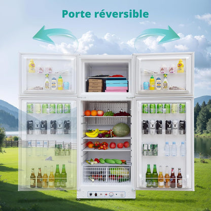Frigo Gaz Avec Congélateur 380L, Réfrigérateur Congélateur 2 Voies Gaz/220V, Frigo Camping Gaz Pour Camping-Car, Caravane, Mobile-Home, Garage, Blanc