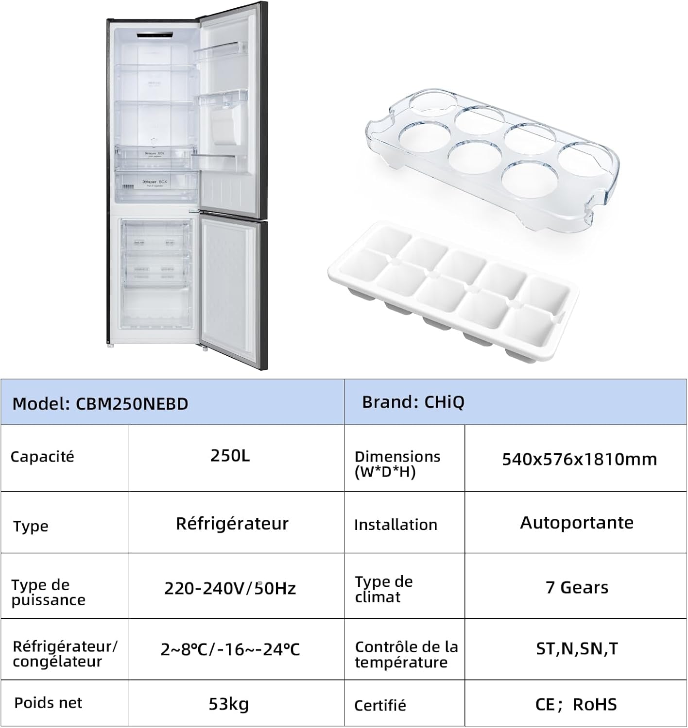250L Réfrigérateur Autoportant Sans Givre,250L,Congélation À -24℃, Électronique Tactile, Compresseur Avec Garantie De 12 Ans, Distributeur D'Eau, Faible Niveau Sonore De 39 Db, Noir