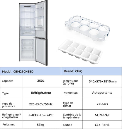 250L Réfrigérateur Autoportant Sans Givre,250L,Congélation À -24℃, Électronique Tactile, Compresseur Avec Garantie De 12 Ans, Distributeur D'Eau, Faible Niveau Sonore De 39 Db, Noir