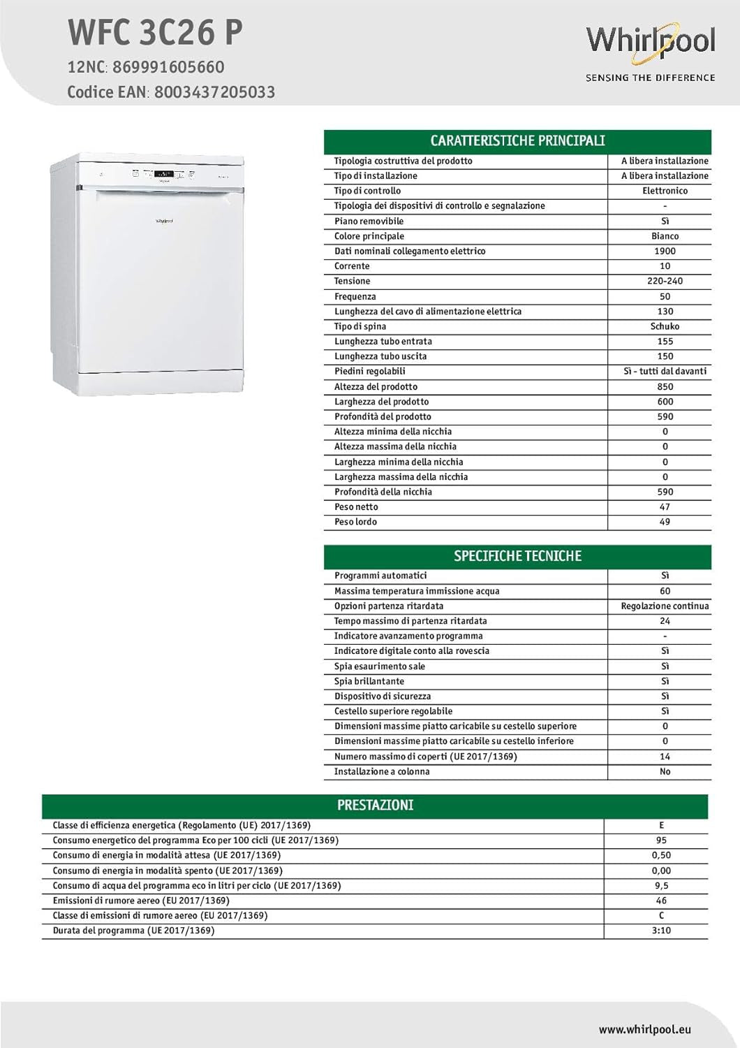 Whirlpool WFC 3C26 P, Lave-Vaisselle Pose Libre 60Cm, 14 Couverts, E