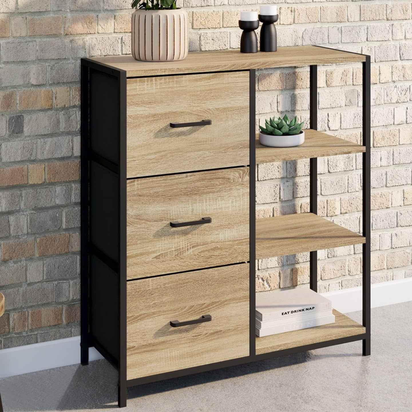 - Buffet D'Appoint Utah Design Industriel | Avec 3 Tiroirs Et Étagères, 70 Cm