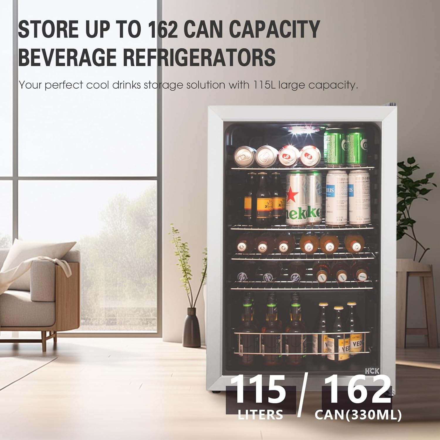 115L Réfrigérateur À Boissons En Pose Libre Avec Porte En Verre Double Vitrage, Température Réglable De 0 À 10 ℃, 4 Étagères Amovibles Pour Bières Et Boissons