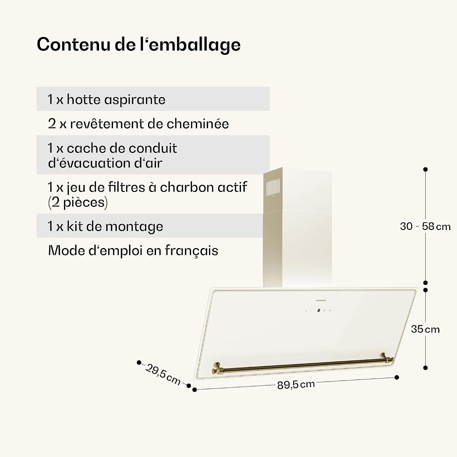 KLARSTEIN Victoria Hotte Aspirante - 90Cm Hotte Cuisine Angulaire, Débit D'Air 400 M³/H, Panneau Tactile LED, A++ Énergie, Silencieuse 52 DB, Crème & Or, Extraction & Recirculation