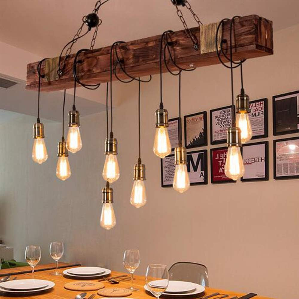 Lustre Industriel Suspension En Bois Élingue En Métal Rustique Poutre En Bois Marron Grand Îlot Linéaire Lampes Suspendues À La Main Ferme Luminaire Salon Chambre Cuisine Couloir Éclairage De Cuisine