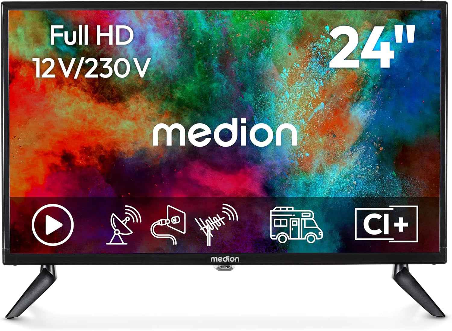 TV 24 Pouces Full HD (59,9 Cm) Television (Idéal Pour Camping, Camping-Car, Camion, Jardin, Adaptateur Voiture 12V, Triple Tuner, HDMI, USB, MD 824000)