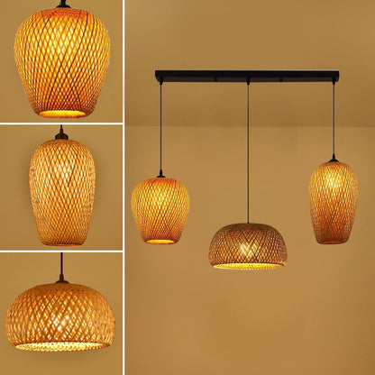 Bambou Naturel Tissé Suspension Rétro Lustre E27 Suspendue Hauteur Adjustable 3 Flammes Pendentif Luminaire Vintage Japonais Maison Intérieur Éclairage Bar Cuisine Restaurant Salle Lampe Plafond
