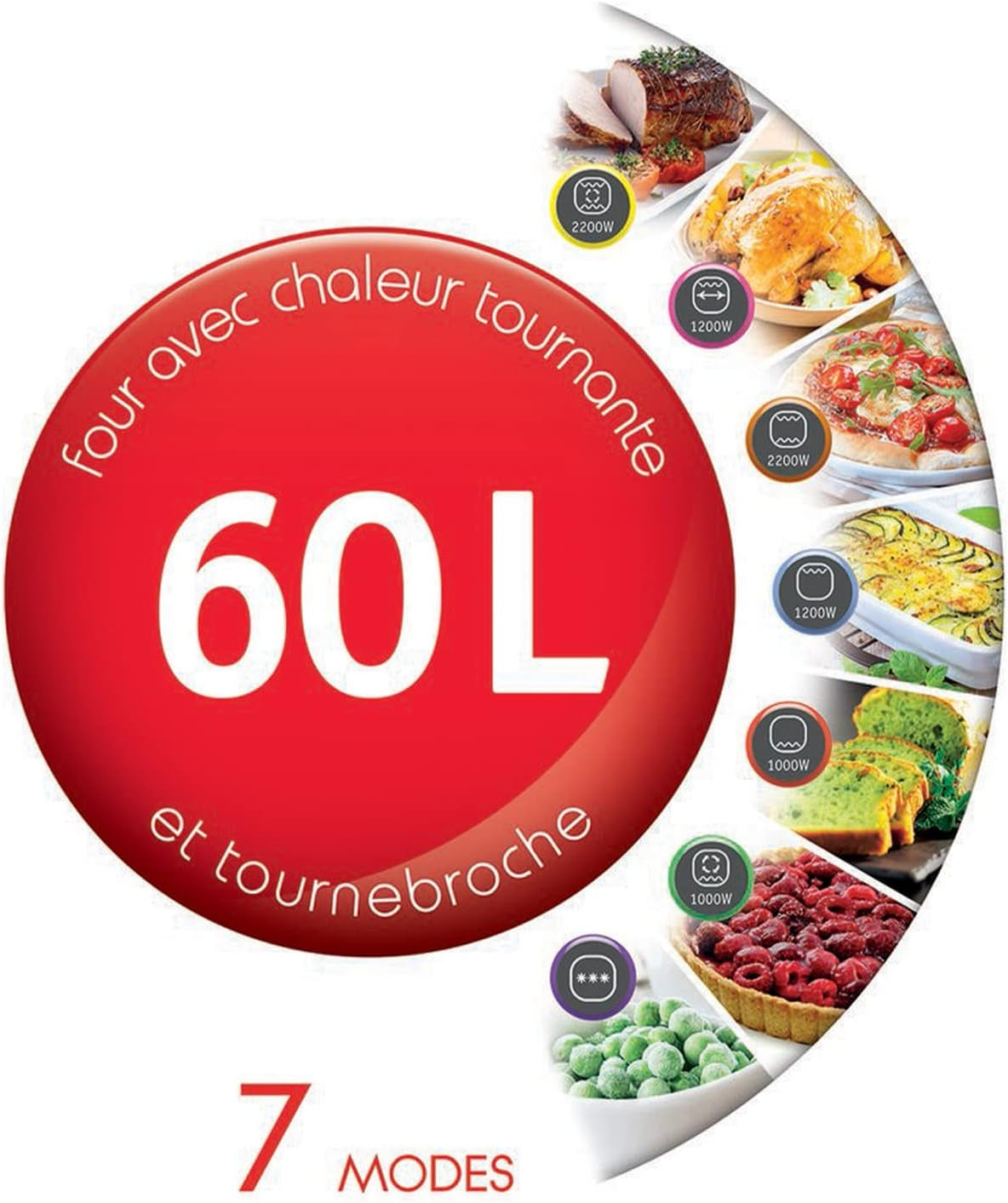 Four À Convection Électrique, 60 L, 2200 W, Thermostat Jusqu'À 240 Degrés, 7 Modes De Cuisson, Pain, Pizza, Tartes, Pâtisseries, Optimo, Noir YY2917FB