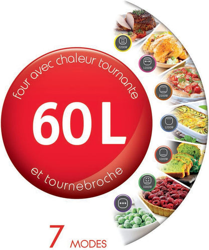 Four À Convection Électrique, 60 L, 2200 W, Thermostat Jusqu'À 240 Degrés, 7 Modes De Cuisson, Pain, Pizza, Tartes, Pâtisseries, Optimo, Noir YY2917FB
