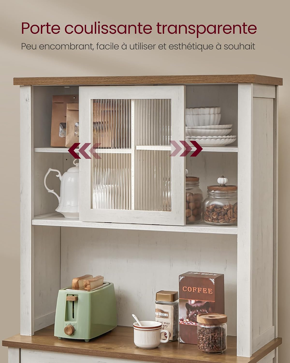 Meuble De Rangement Avec Lumières Et Chargeur, Placard De Cuisine, Avec Portes Et Tiroirs, 39,5 X 80,4 X 180,6 Cm, Étagères Réglables, Style Campagne, Blanc Rustique Et Marron Miel BBK363W22V1