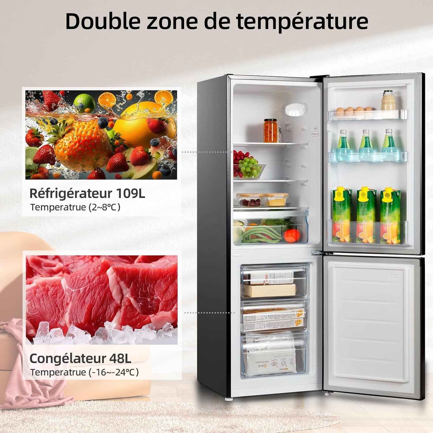 CBM159LEBD Réfrigérateur Congélateur Bas157 Litres (109 + 48) Low Frost, Faible Bruit, Refroidissement Rapide, Faible Emcombrement | Congélateur 4 Étoiles, Éclairage Intérieur LED, Réglage Flexible, Charnière Porte Reversible, Largeur 47Cm