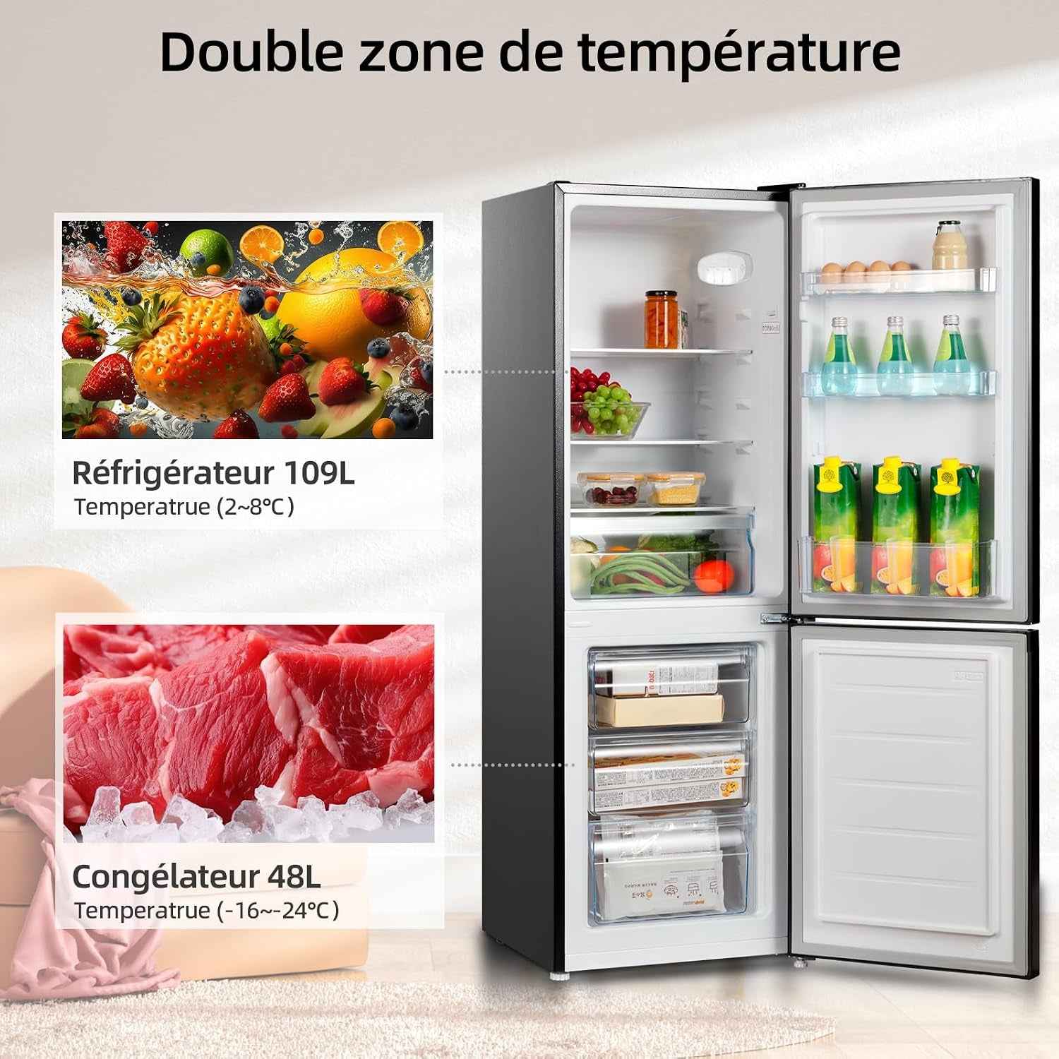 CBM159LEBD Réfrigérateur Congélateur Bas157 Litres (109 + 48) Low Frost, Faible Bruit, Refroidissement Rapide, Faible Emcombrement | Congélateur 4 Étoiles, Éclairage Intérieur LED, Réglage Flexible, Charnière Porte Reversible, Largeur 47Cm