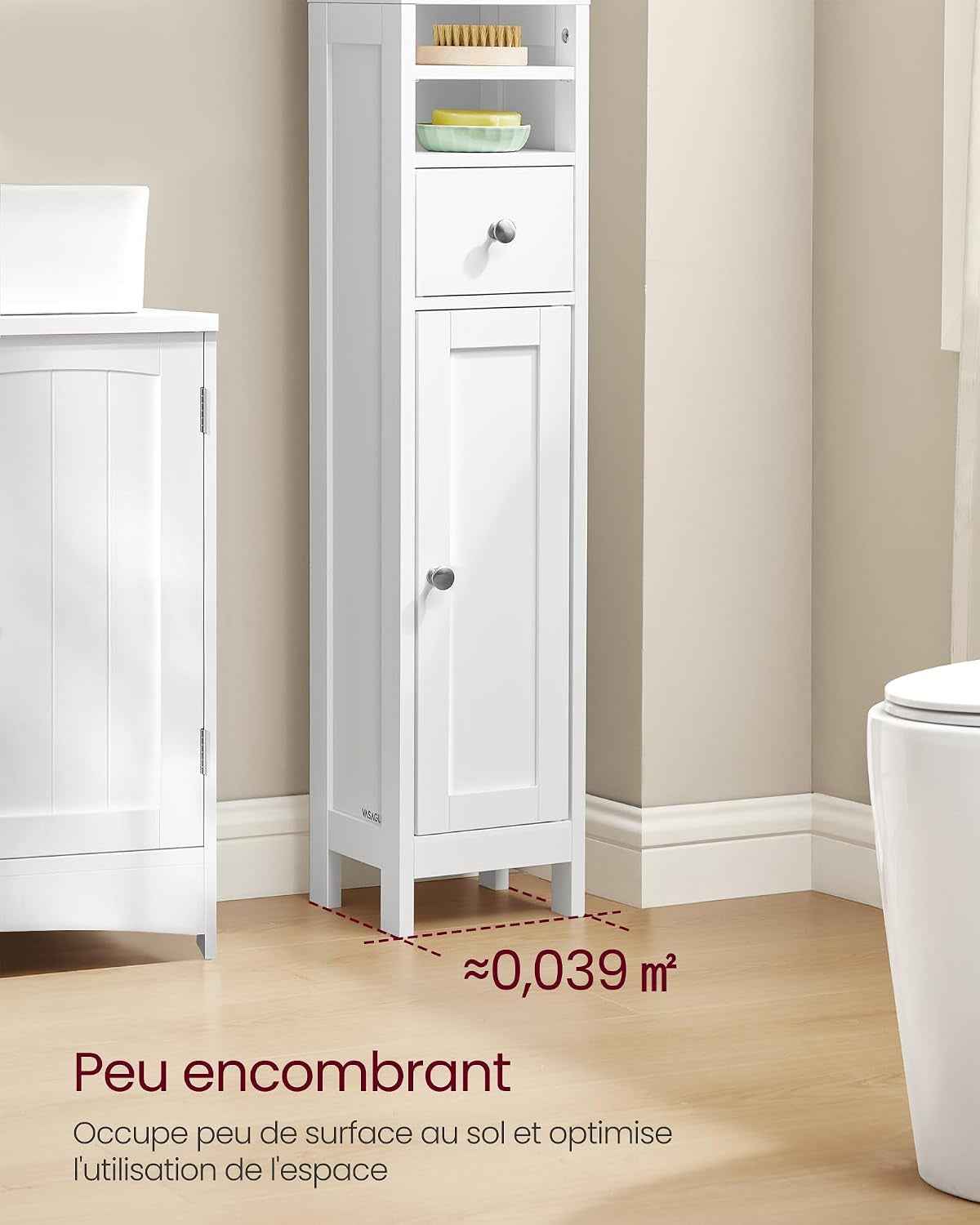 Colonne Salle De Bain Haute, Meuble Salle De Bain Etroit, Avec Étagères Réglables, Tiroir, Compartiments Ouverts, Pour Les Petits Espaces, Moderne, Blanc Nuage BBC765W01