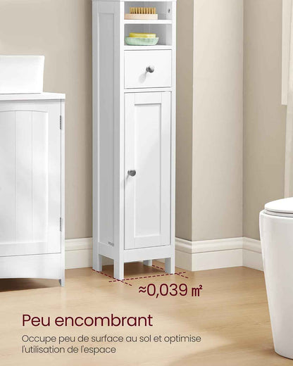 Colonne Salle De Bain Haute, Meuble Salle De Bain Etroit, Avec Étagères Réglables, Tiroir, Compartiments Ouverts, Pour Les Petits Espaces, Moderne, Blanc Nuage BBC765W01