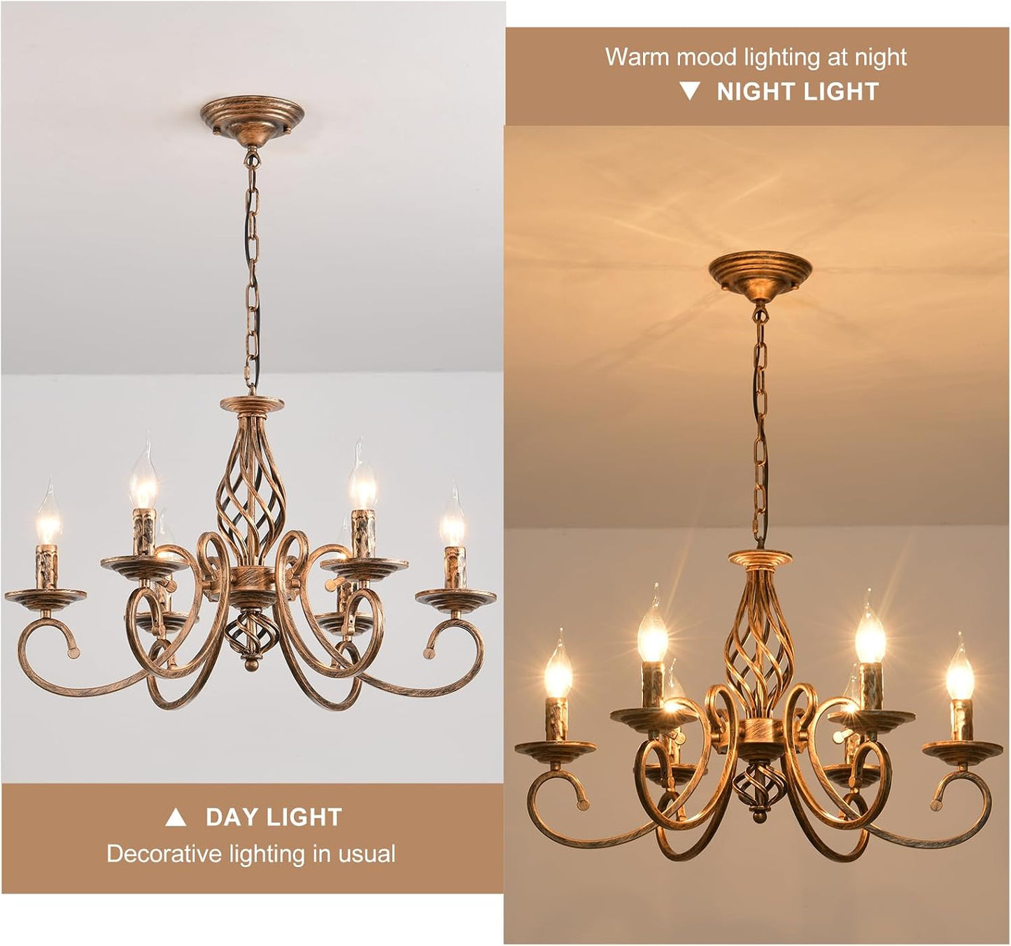 Lustre Rustique Campagne Bronze 6 Lumières Métal | Antique Suspendu Pour Îlot Cuisine Salle À Manger Ferme Salon Éclairage Vintage Hauteur Réglable