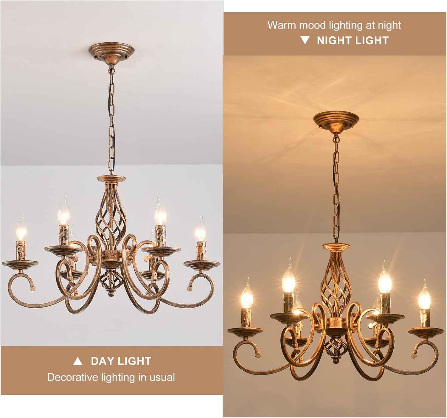 Lustre Rustique Campagne Bronze 6 Lumières Métal | Antique Suspendu Pour Îlot Cuisine Salle À Manger Ferme Salon Éclairage Vintage Hauteur Réglable