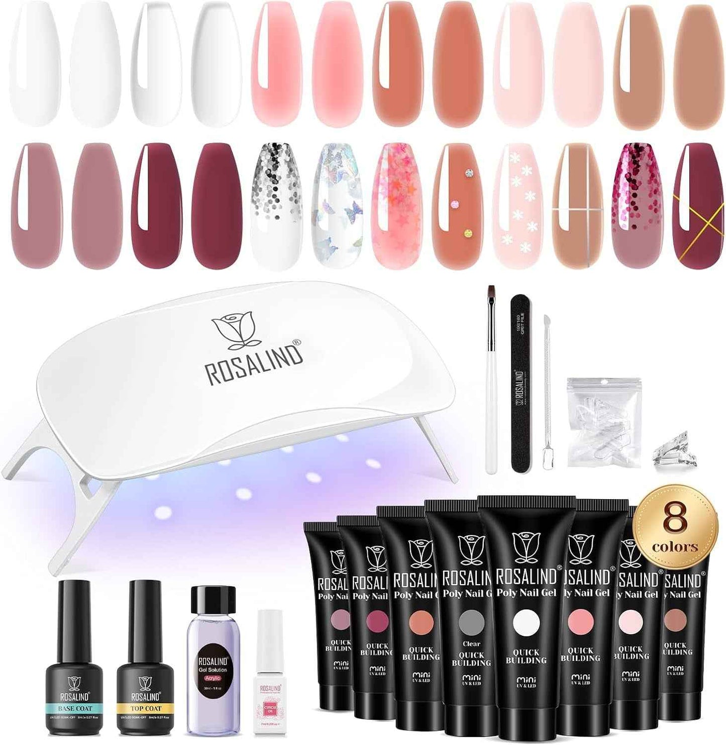 Poly Extension D'Ongles En Gel Complet Kit 8*10Ml Avec Lampe UV | Mini 8 Couleurs Kit Ongle Construction Gel UV Complet Avec Mini UV Lampe,Base & Top Coat Gel Et Outils De Manucure Kit