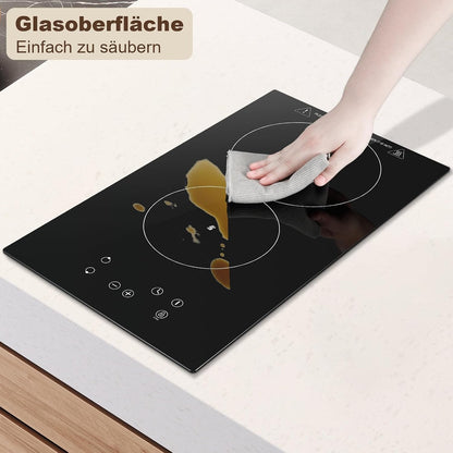 Plaque Vitrocéramique 2 Feux, Plaque De Cuisson Electrique 30Cm, Electrique Plaque Encastrable, Commande Tactile, 3000W 9 Niveaux De Puissance, Minuterie 1-99 Min, Pour Toutes Les Casseroles