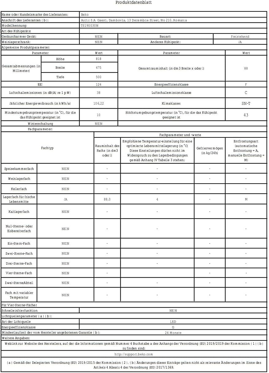 Beko TS190030N Réfrigérateur Autoportante 88 L F Blanc
