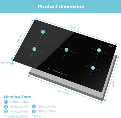 Plaque Induction 90 Cm, Plaque De Cuisson Induction 5 Feux, 9300W Avec Protection Contre L'Arrêt Automatique, Minuterie, Sécurité Enfants, Commande Tactile, 220-240V