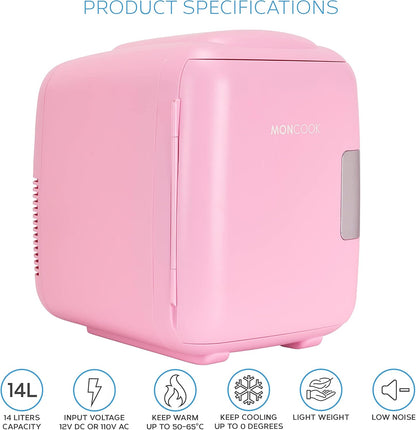 MONCOOK Mini Réfrigérateur - Mini Réfrigérateurs Portables Pour Les Soins De La Peau, La Médecine, La Nourriture Et Les Boissons - Fonction De Refroidissement Et De Réchauffement - 14L - Mono Rose
