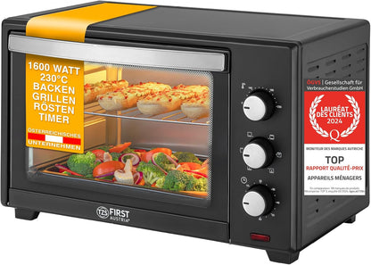 TZS First Austria Mini Four 35L, Four À Convection 1600W, Digital, Minuterie, Porte Double Vitrage, Chaleur Voûte Et Sole, Jusqu'À 230 Degrés Réglage, Grille Et Plaque De Four, Four À Pizza, Noir