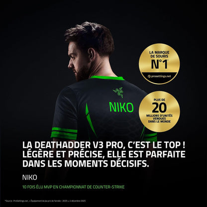 Razer Deathadder V3 Pro - Souris Esports Ergonomique Sans Fil Légère (Design Léger 63G, Capteur Optique Focus Pro 30K, Commutateurs De Souris Gen-3, Sans Fil Hyperspeed) Noir