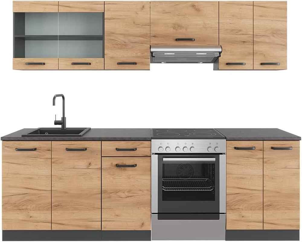 Ligne De Cuisine Raul, Chêne Doré/Anthracite, 240Cm | PT À Motifs Noirs, Combinable De Manière Flexible Avec Des Éléments Modulaires