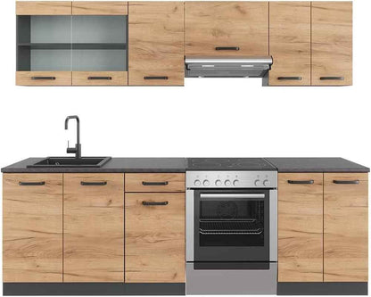 Ligne De Cuisine Raul, Chêne Doré/Anthracite, 240Cm | PT À Motifs Noirs, Combinable De Manière Flexible Avec Des Éléments Modulaires