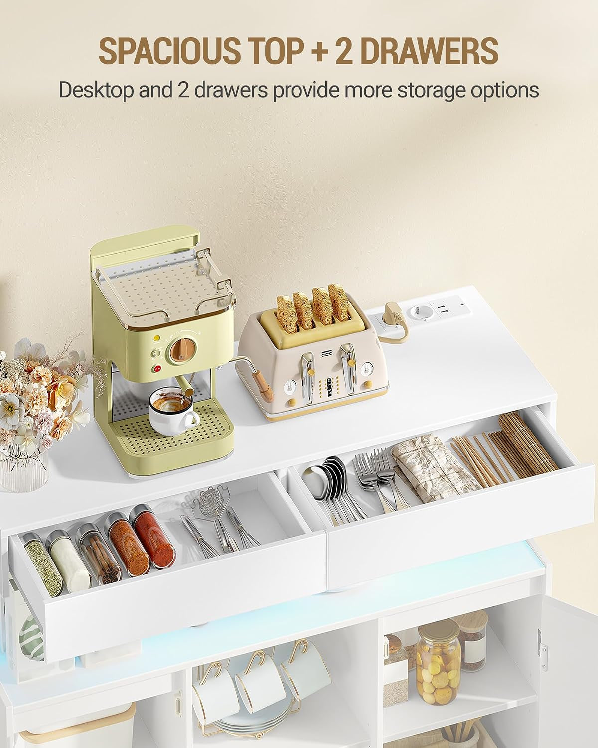 Meuble Cuisine, Buffet, Avec Multiprise Et Éclairage LED | Meuble De Rangement, 2 Tiroirs Et 2 Portes, Placard, Cuisine, Salon, 35 X 100 X 85 Cm, Blanc SC64903X