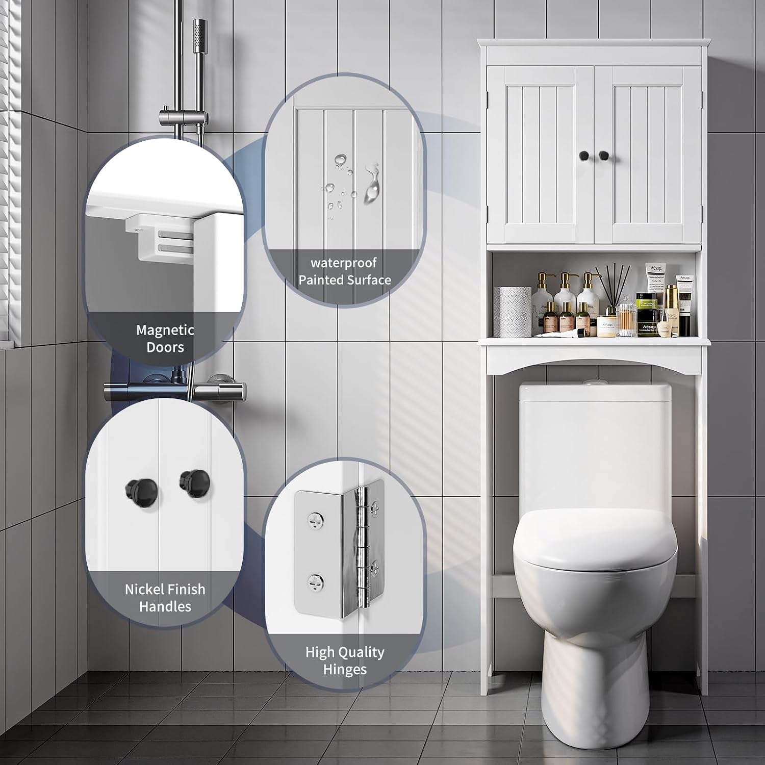 Meuble WC, Étagère De Toilettes Sur Pied, Meuble Toilette Avec 2 Portes, Étagères Réglables Et Compartiments Ouverts, Blanc