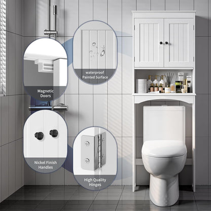 Meuble WC, Étagère De Toilettes Sur Pied, Meuble Toilette Avec 2 Portes, Étagères Réglables Et Compartiments Ouverts, Blanc