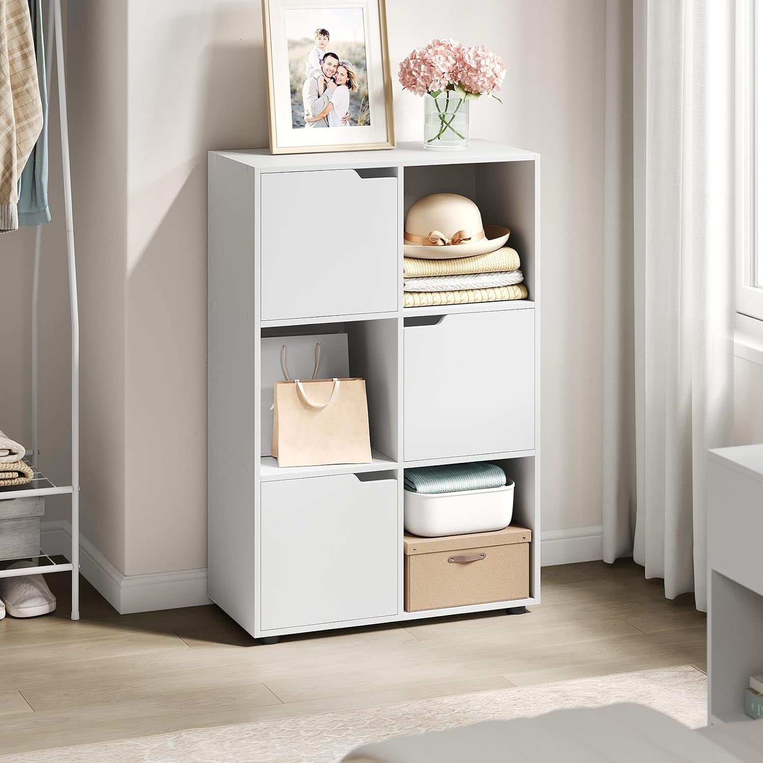 Bibliothèque Étagère De Rangement, Meuble Cube 59,6X29X91Cm | En MDF Pour Salon Bureau Avec 3 Portes 6 Compartiments, Blanc