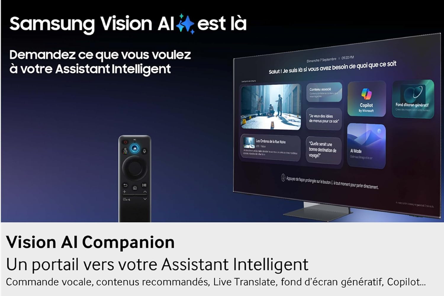 TV AI 75 Pouces QLED 75Q7F3 4K Smart TV, Quantum Dots, Q4 AI Processor, Wifi, Airplay, HDR, Q-Symphony, OTS Lite, Knox Security, Gaming Hub, Bixby, Application Opérateurs Intégrées
