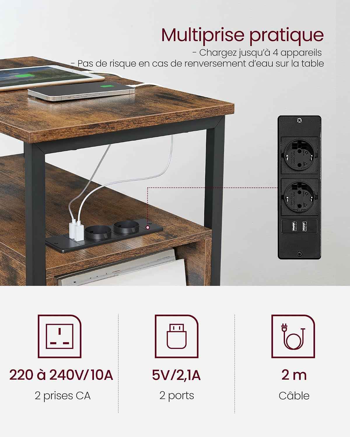 Table D’Appoint Avec Multiprise, Petite Et Fine Avec 2 Tiroirs, Table De Chevet Avec Rangement, Pour Salon, Chambre, Marron Rustique Et Noir D'Encre LET325B01