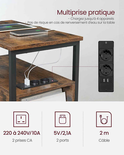 Table D’Appoint Avec Multiprise, Petite Et Fine Avec 2 Tiroirs, Table De Chevet Avec Rangement, Pour Salon, Chambre, Marron Rustique Et Noir D'Encre LET325B01