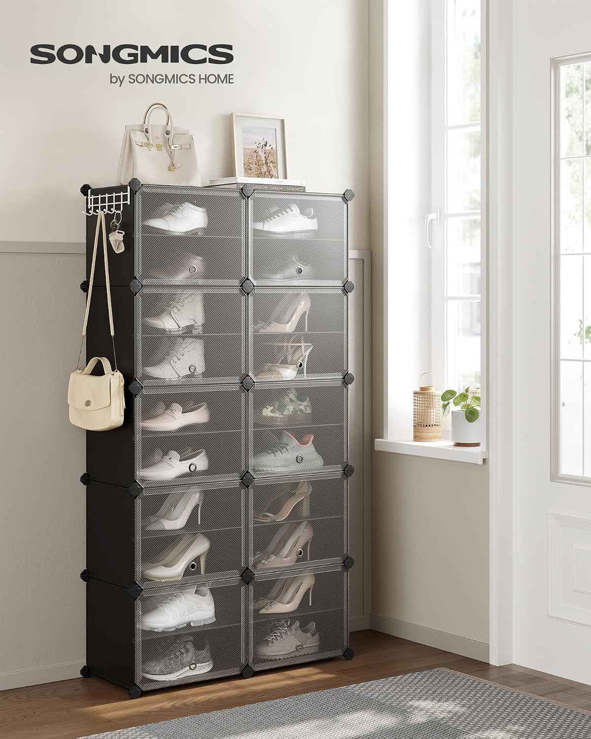 Étagère À Chaussures 10 Compartiments, Étagère De Rangement Modulable, Compartiment De 30 X 40 X 30 Cm, Porte, Cadre En Acier, Plastique, Pour Couloir, Chambre, Entrée, Noir LPC035B01
