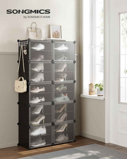 Étagère À Chaussures 10 Compartiments, Étagère De Rangement Modulable, Compartiment De 30 X 40 X 30 Cm, Porte, Cadre En Acier, Plastique, Pour Couloir, Chambre, Entrée, Noir LPC035B01