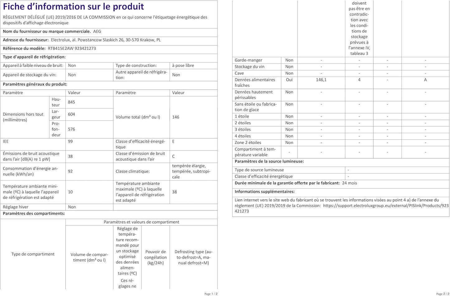 RTB415E2AW Réfrigérateur De Table Autonome 850 Mm 146 L/E