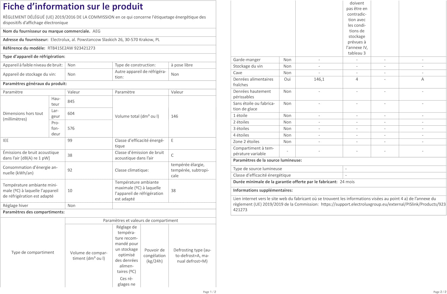RTB415E2AW Réfrigérateur De Table Autonome 850 Mm 146 L/E