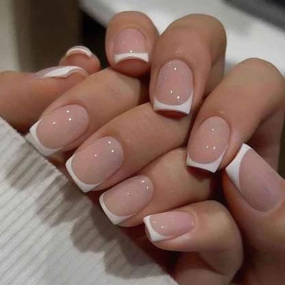 24 Pièces Ongles À Coller Manucure, Faux Ongles Court Carrés Français Rose Nude Ongles, Nails Autocollants Pour Femme Et Fille Nail Art,A