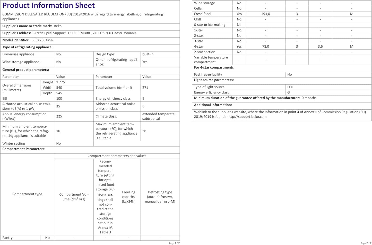 Beko BCSA285K4SN Réfrigérateur Combiné - Encastrable, Volume Total 271L : 193L (Réfrigération) + 78L (Congélation), Minfrost, Compresseur Prosmart Inverter, Zone 0°C, 35 Db, Classe E